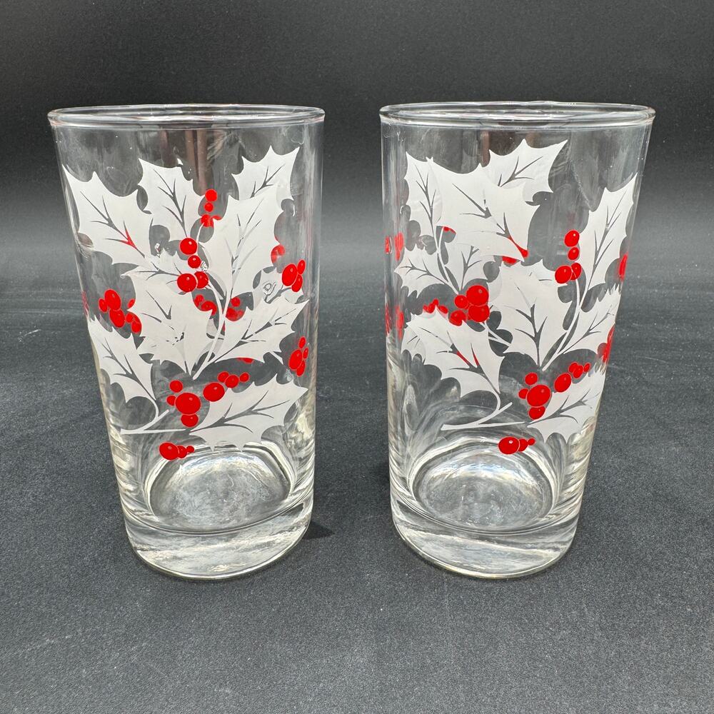 Set/2 Vintage Tumblers Highball in Holly Pattern by Bartlett Collins